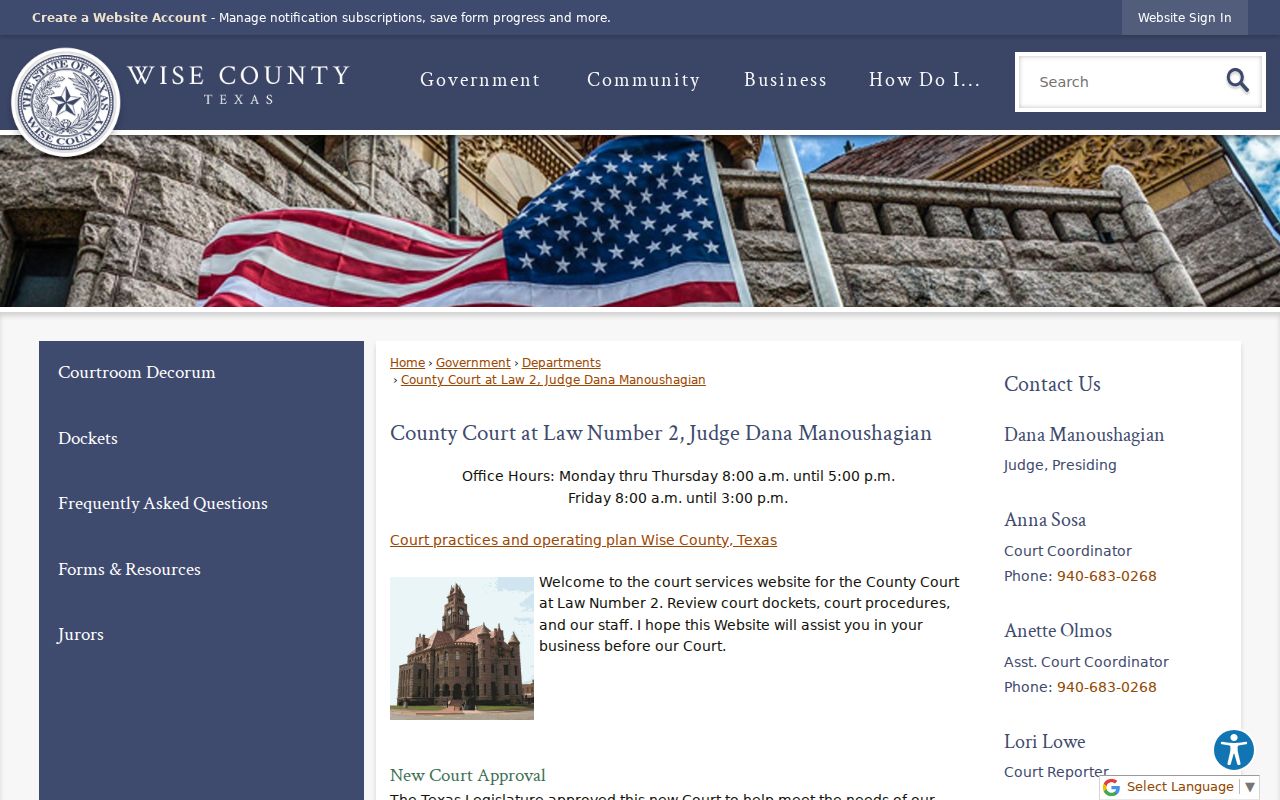 Wise County civil docket court page for County Court at Law No. 2