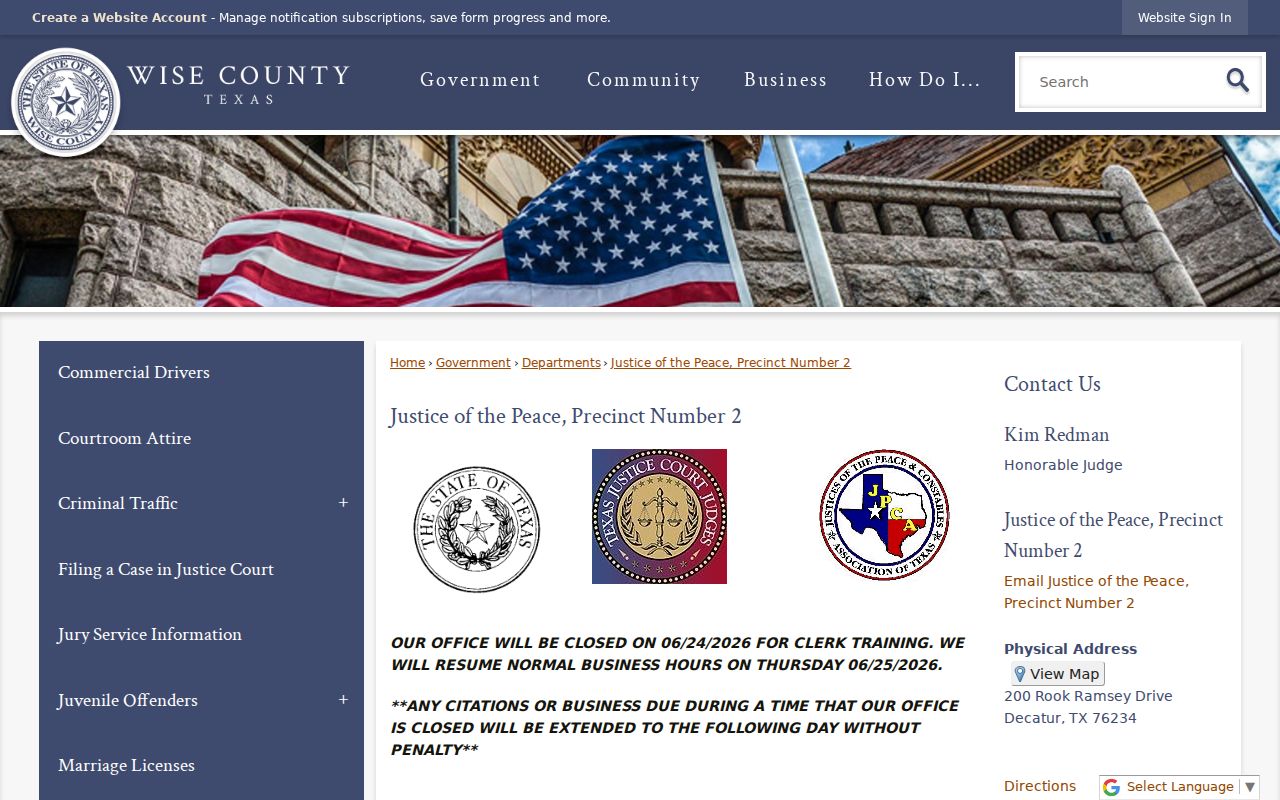 Wise County traffic ticket options on the Justice of the Peace Precinct 2 page
