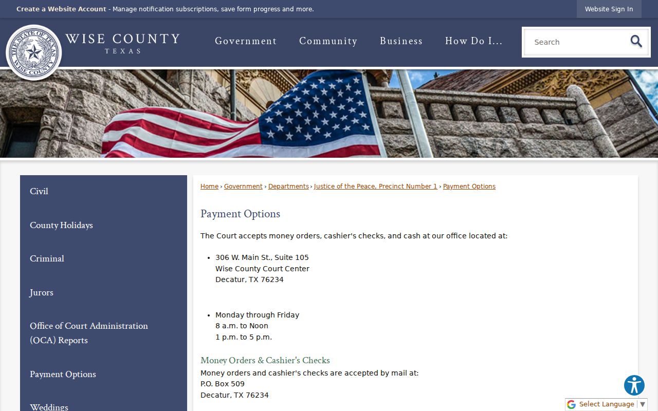 Wise County traffic ticket payment methods for Justice of the Peace cases