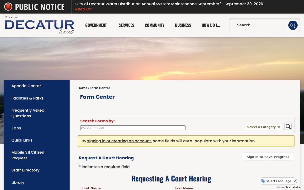 Decatur court docket hearing request form and required fields