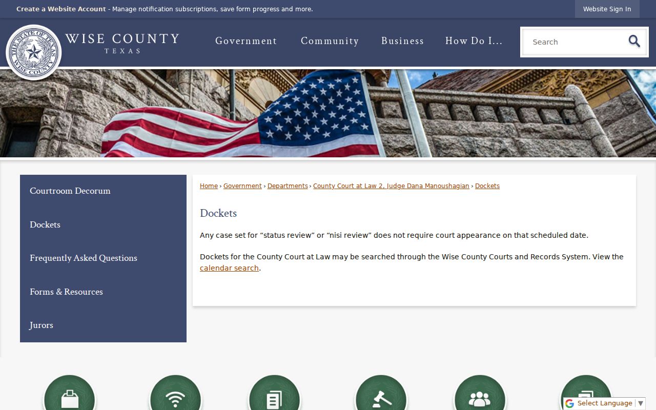 Wise County court dates page with status review and nisi review notice