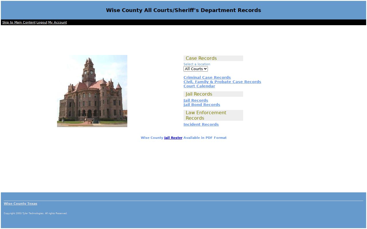 Wise County court docket Odyssey selection page