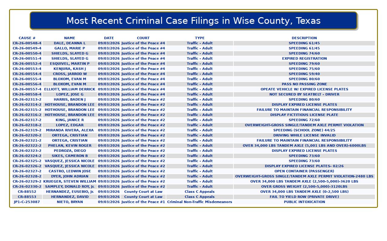 Wise County criminal docket filing table columns