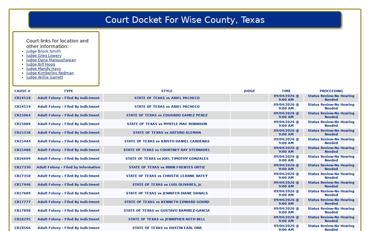 Wise County court docket daily schedule fields